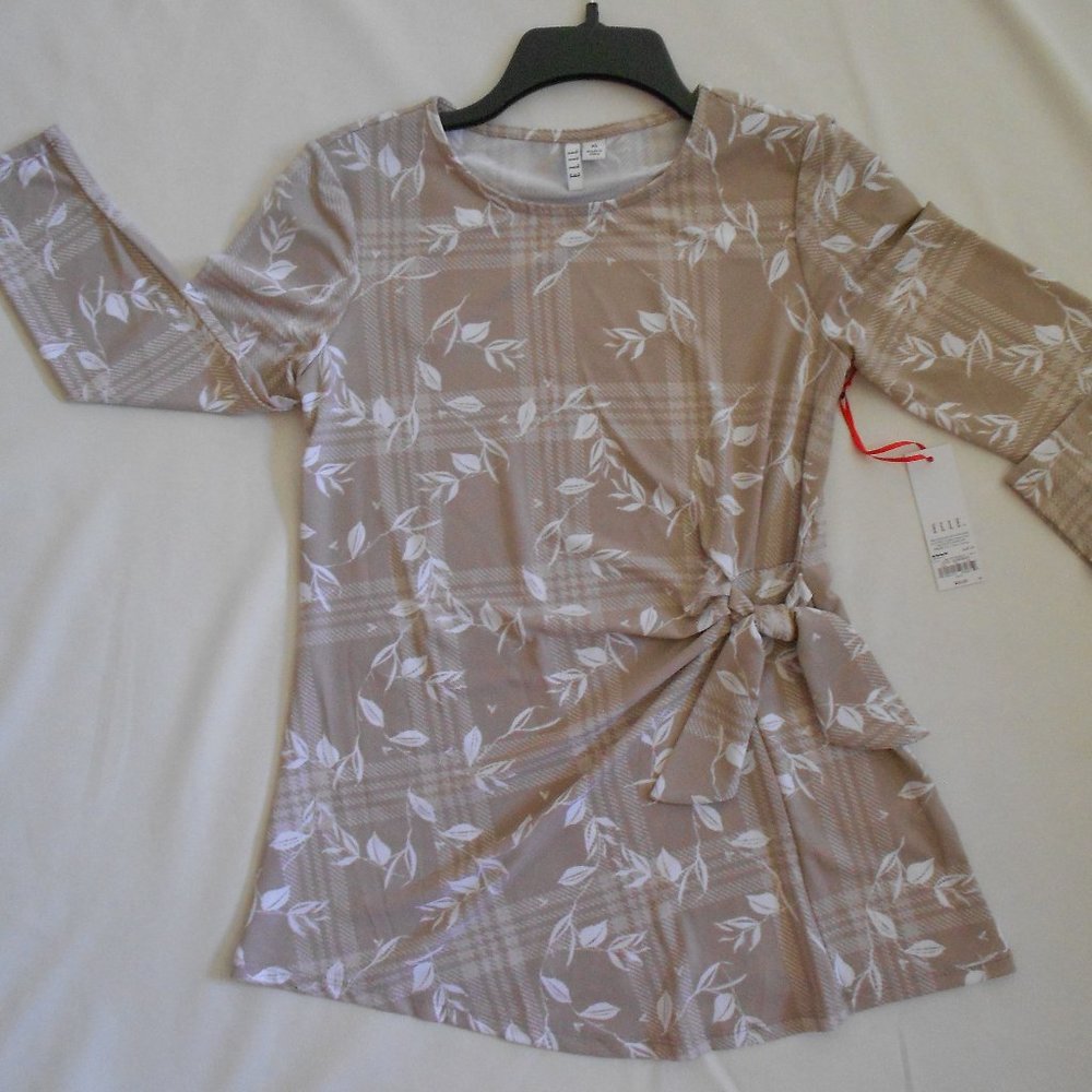 NWT Women's ELLE™ Knot-Waist Top Tan Trellis Plaid